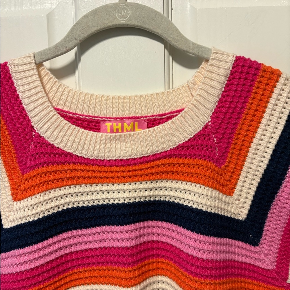 THML Striped Crochet V-Neck Sweater Vest in Pink, Orange, Navy, Cream - Picture 3 of 5